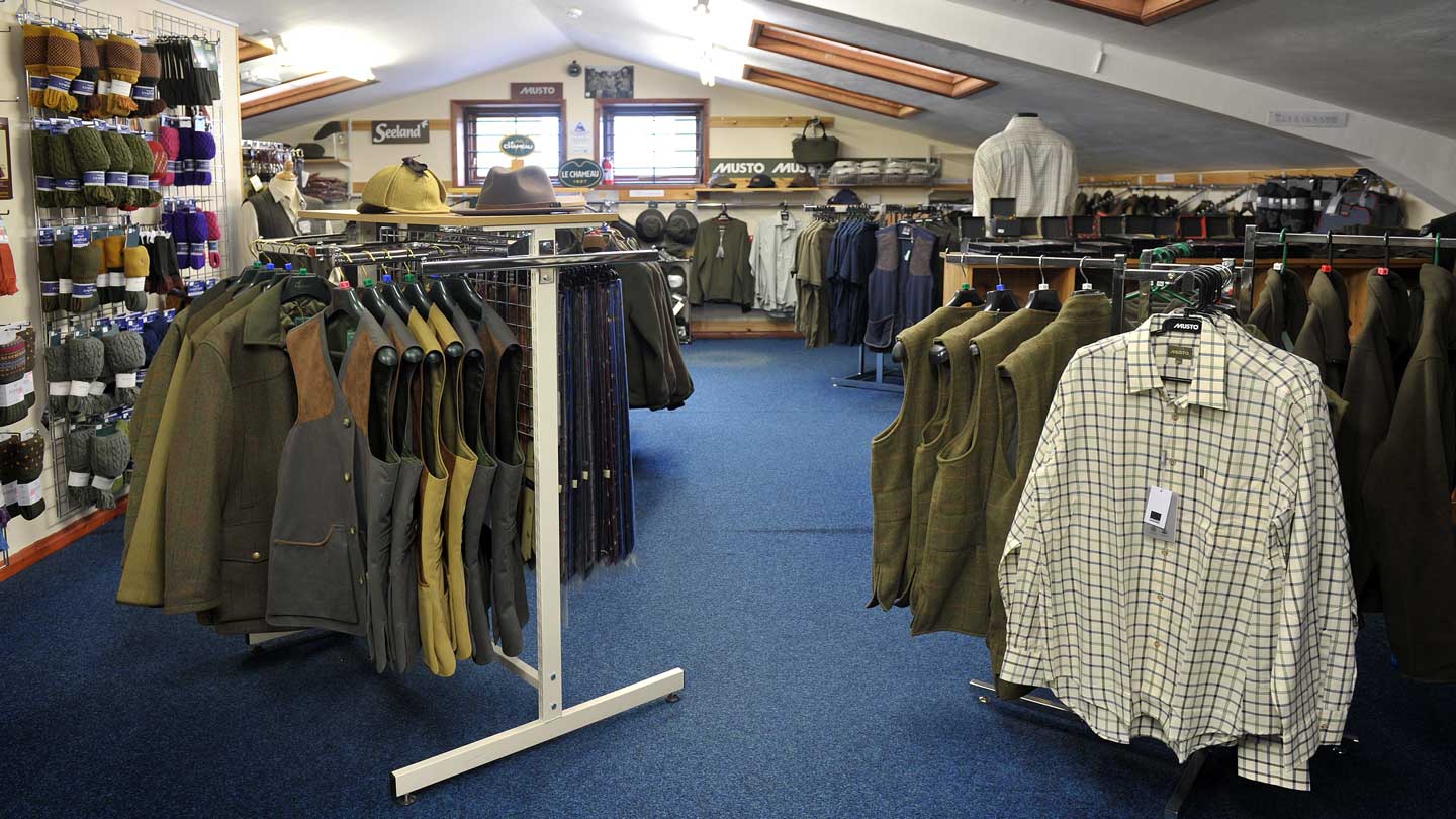 Interior of the Trulock and Harris shop showing the clothing area